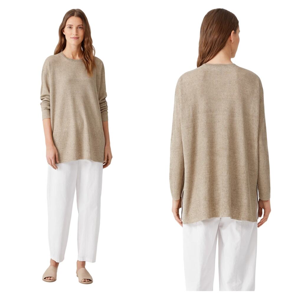 Eileen Fisher Round Neck Pullover Sweater Organic Linen Khaki Ribbed Size M New
